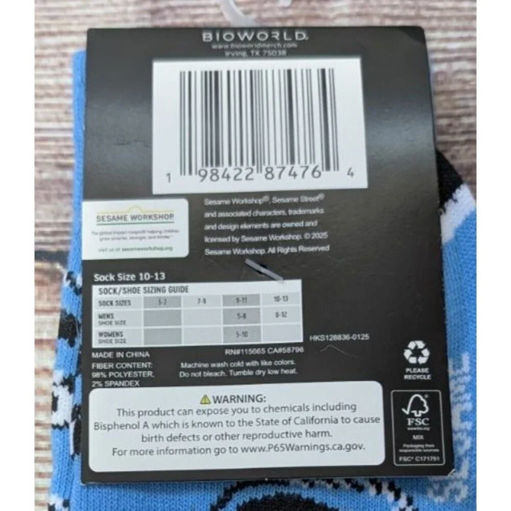 Sesame Street Socks Cookie Monster Fun Character Crew Socks Size 10-13